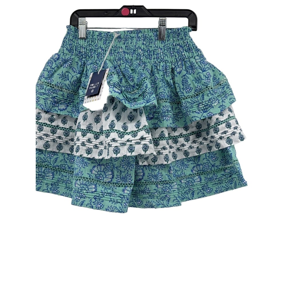Roller Rabbit Women Skirt XS Blue Green Floral Tiered Ruffle Cotton